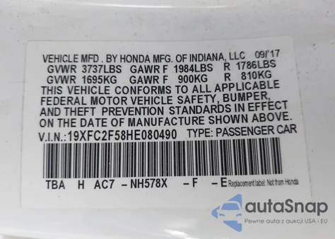 2017 Honda Civic Lx z USA, uszkodzony, nr VIN 19XFC2F58HE080490